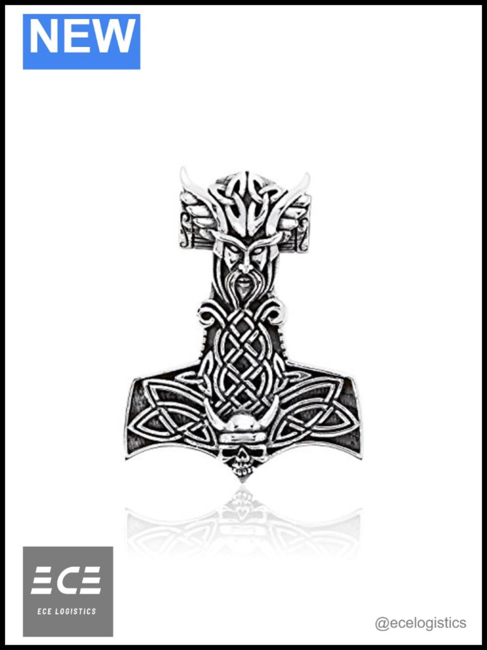 Sterling Silver Celtic Viking Skull Thor Mjolnir Pendant Necklace